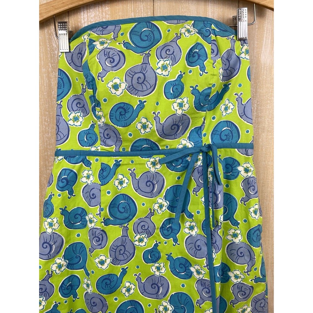 Lilly Pulitzer Strapless Dress Green Blue Snails Print Open Back Sz 8 - Picture 2 of 12